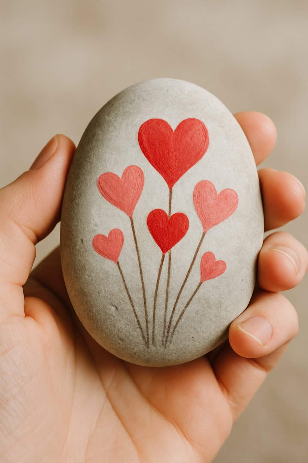 A hand holding a smooth river rock painted with heart-shaped balloons floating upwards.