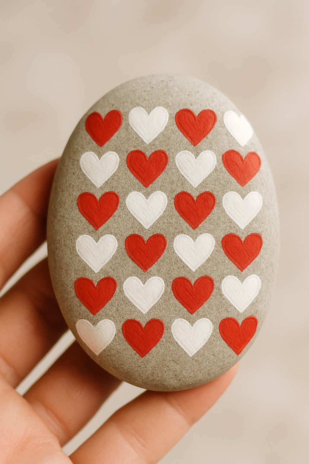 A hand holding a smooth river rock painted with a red and white heart grid pattern.