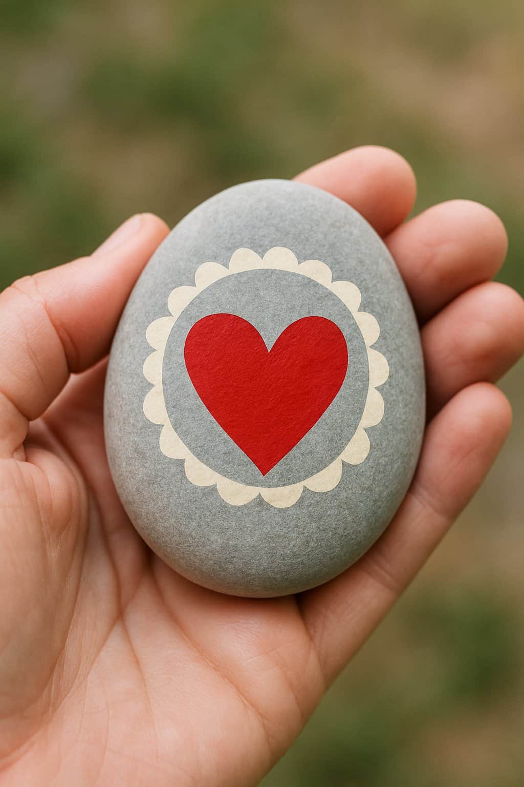 A hand holding a smooth river rock painted with a red heart and scalloped edge.