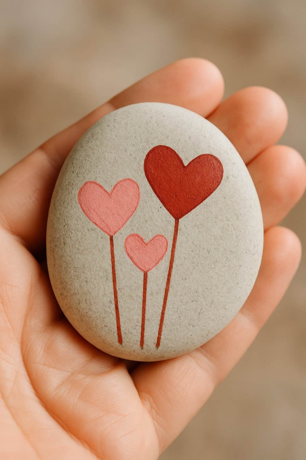 A hand holding a smooth river rock painted with heart-shaped lollipops.
