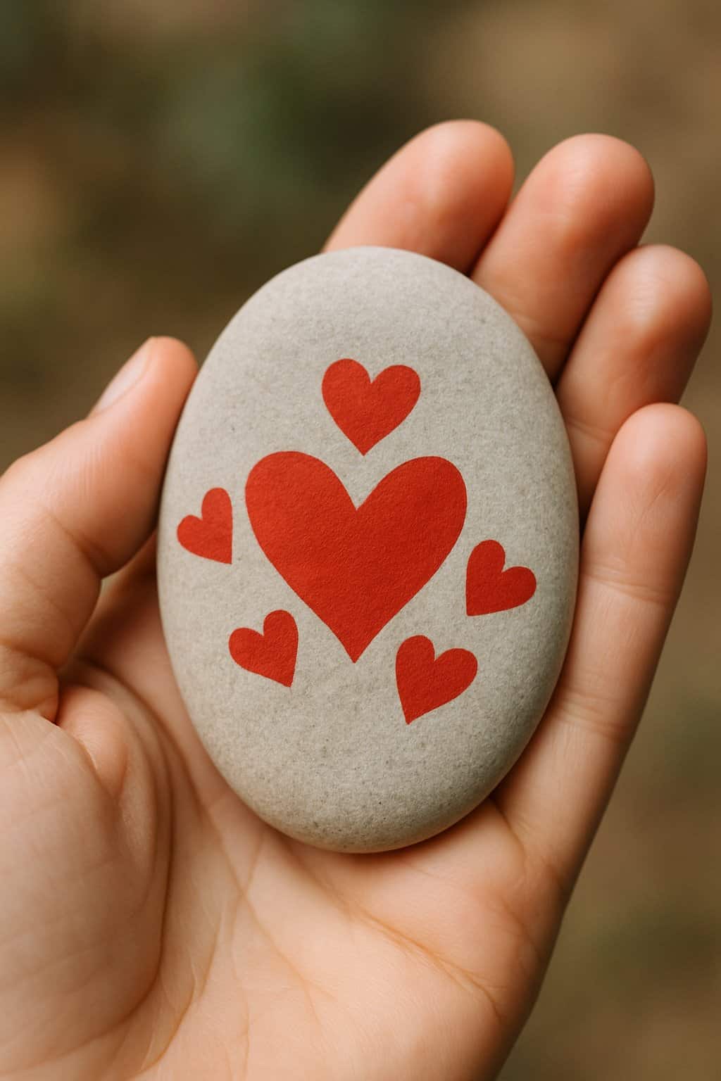 A hand holding a smooth river rock painted with red hearts.