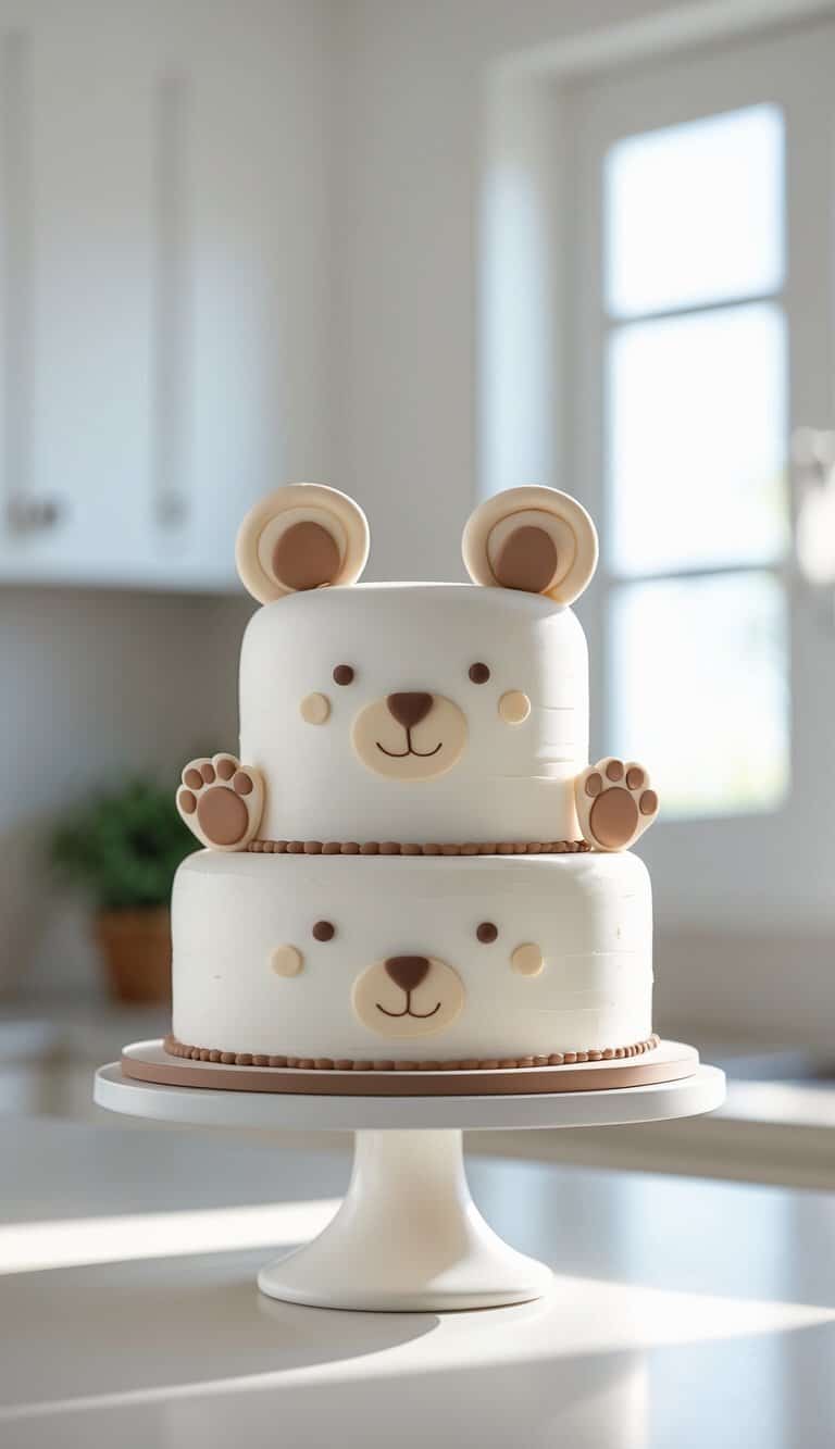 A two-tier bear-themed cake with fondant ears and noses on a white cake stand in a bright home kitchen.