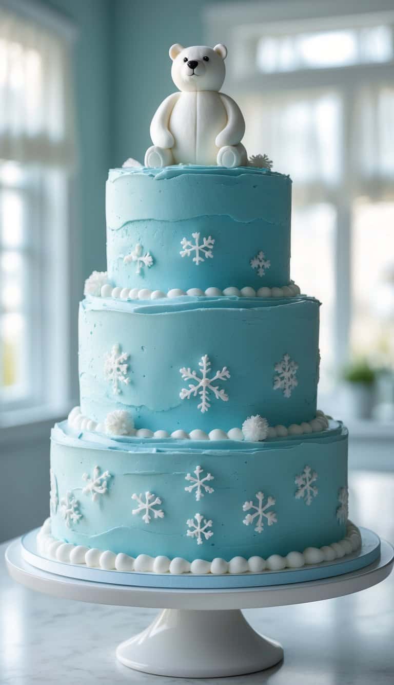 Two-tier polar bear cake with blue frosting and white fondant decorations on a cake stand in a bright home kitchen.