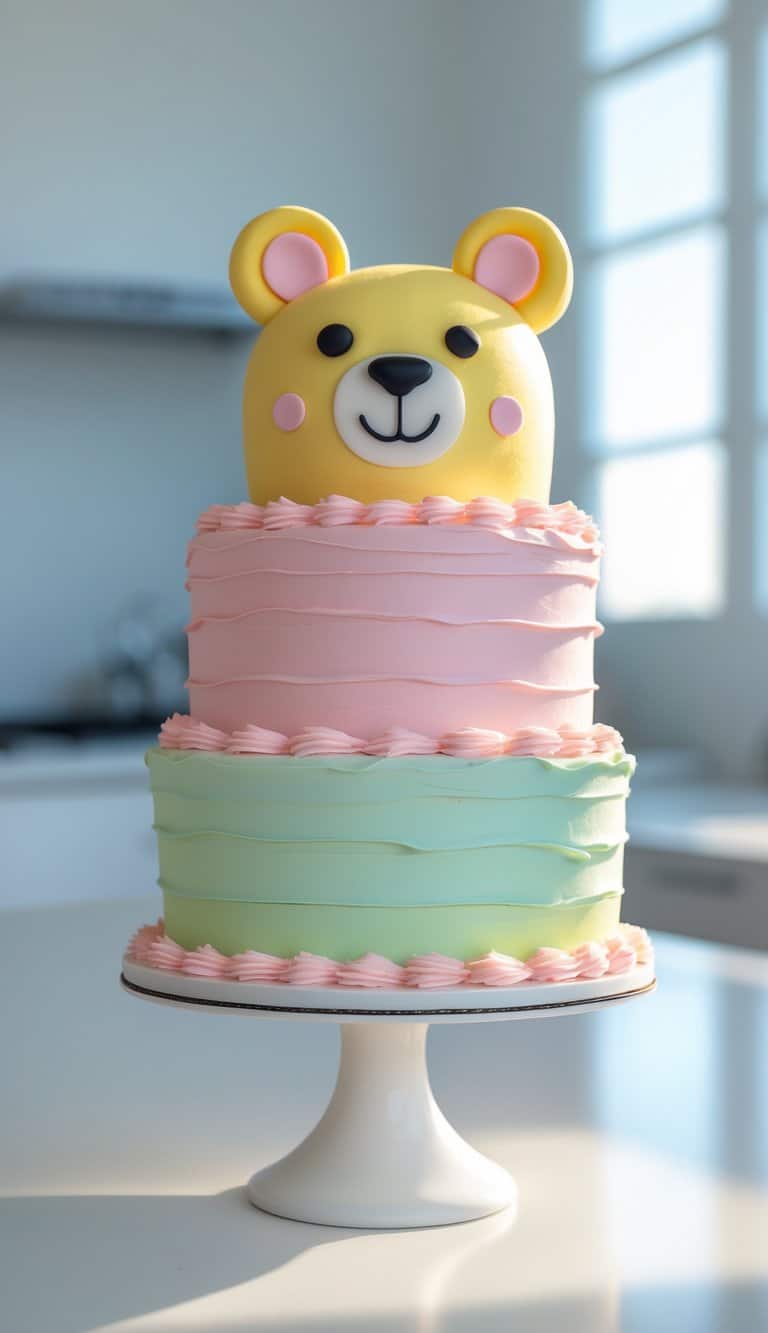 Two-tier cartoon bear cake with colorful frosting on a cake stand in a bright home kitchen.