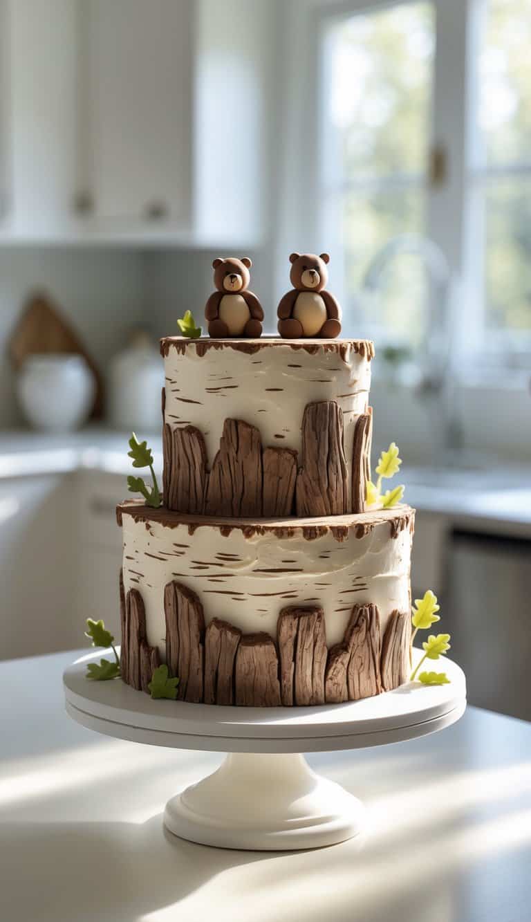 Two-tier rustic bear cake with edible bark texture on a white cake stand in a bright home kitchen.