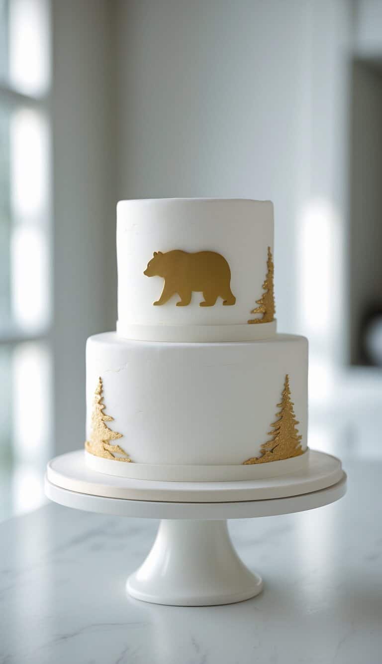 A two-tier cake with a bear silhouette design and gold accents on a cake stand in a bright home kitchen.