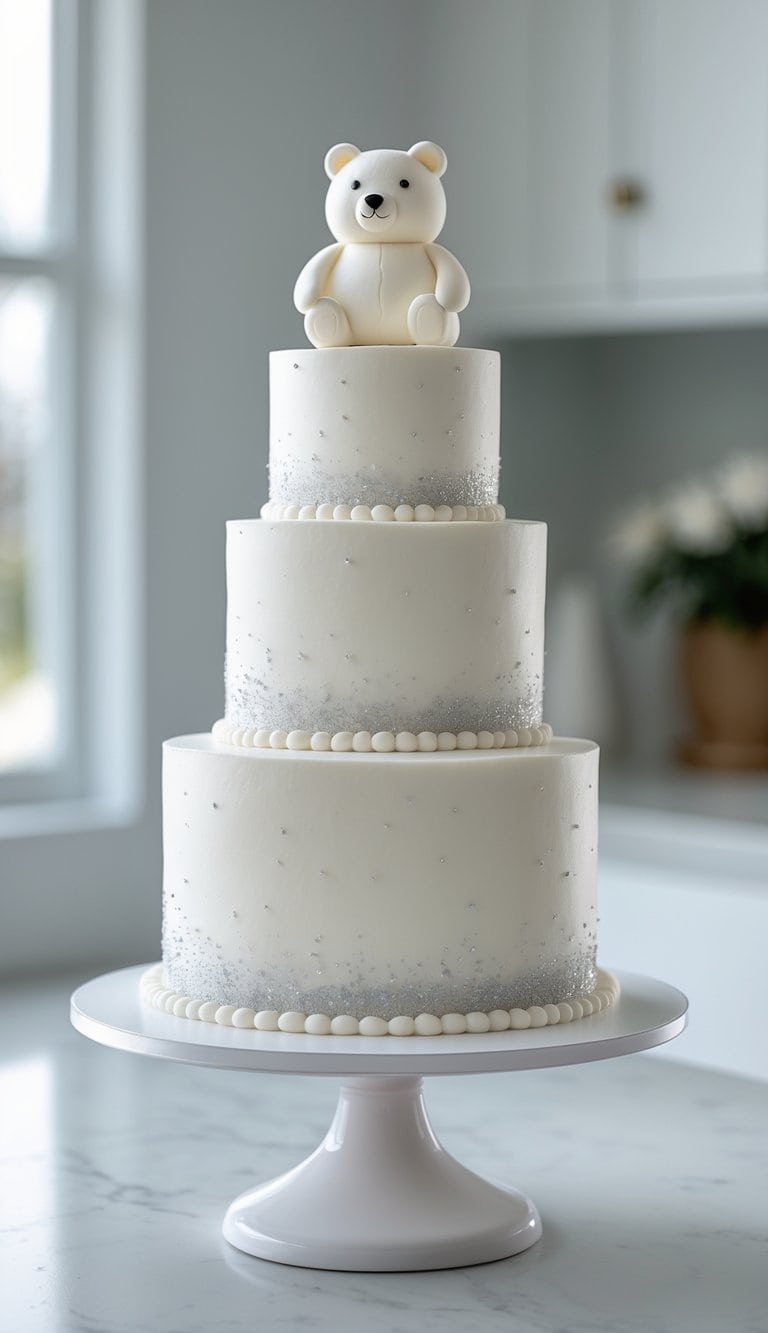 Three-tier white cake with silver sprinkles and a fondant snow bear on top, displayed on a cake stand in a bright home kitchen.