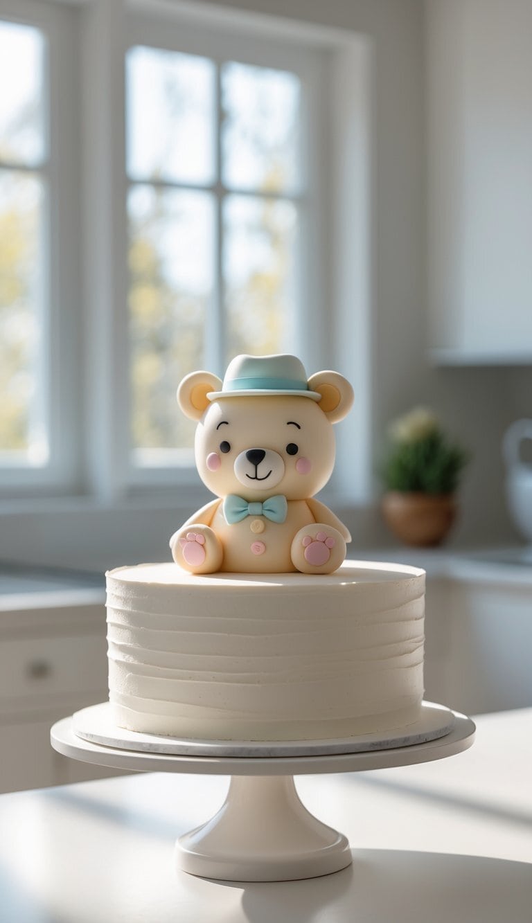 A single-tier baby bear cake with a fondant hat and bow tie on a white cake stand in a bright home kitchen.