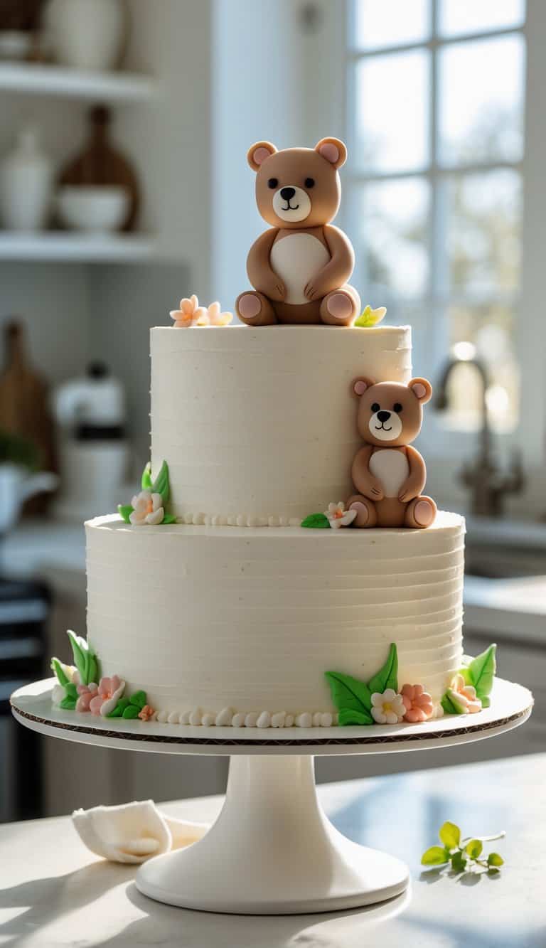 Two-tier bear and cub cake on a white cake stand in a bright home kitchen.