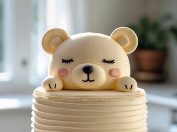 A cute bear-themed cake with a 3D bear face and paws made of fondant, featuring closed eyes, rosy cheeks, and a textured, cream-colored base, displayed on a white cake stand in a bright kitchen.