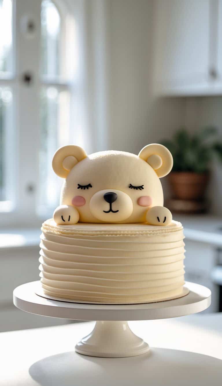 A one-tier cake shaped like a sleeping bear with closed eyes on a white cake stand in a bright home kitchen.
