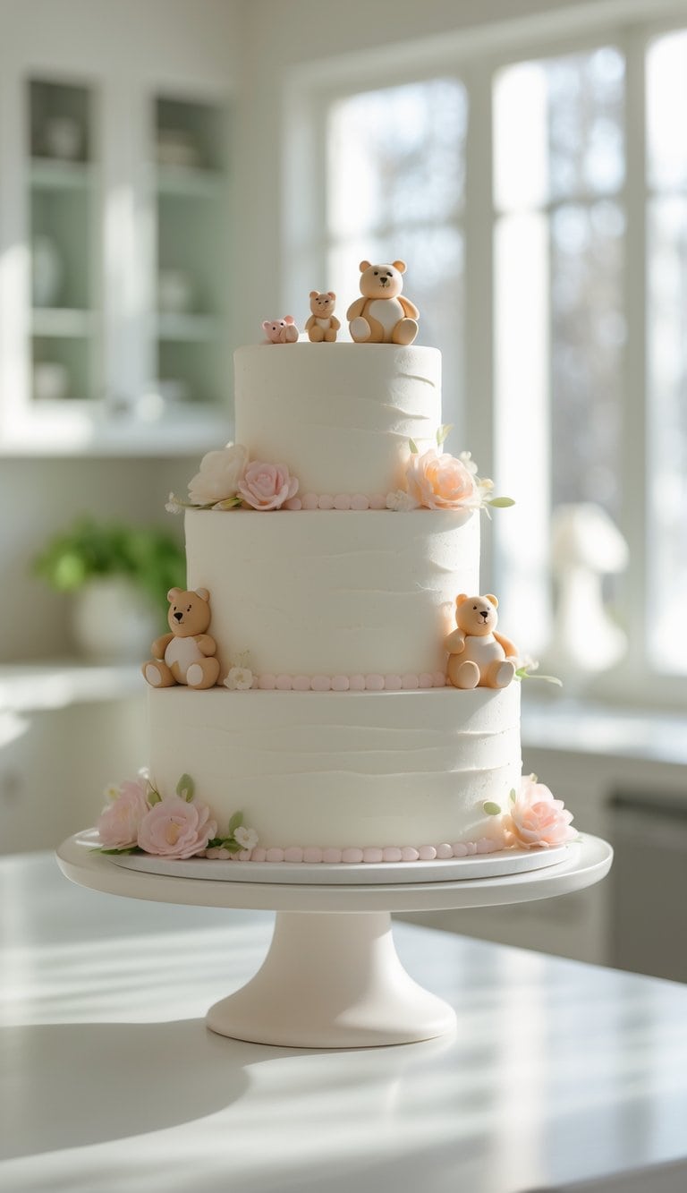 A three-tier bear-themed cake decorated with pastel fondant flowers, displayed on a white cake stand in a bright home kitchen.