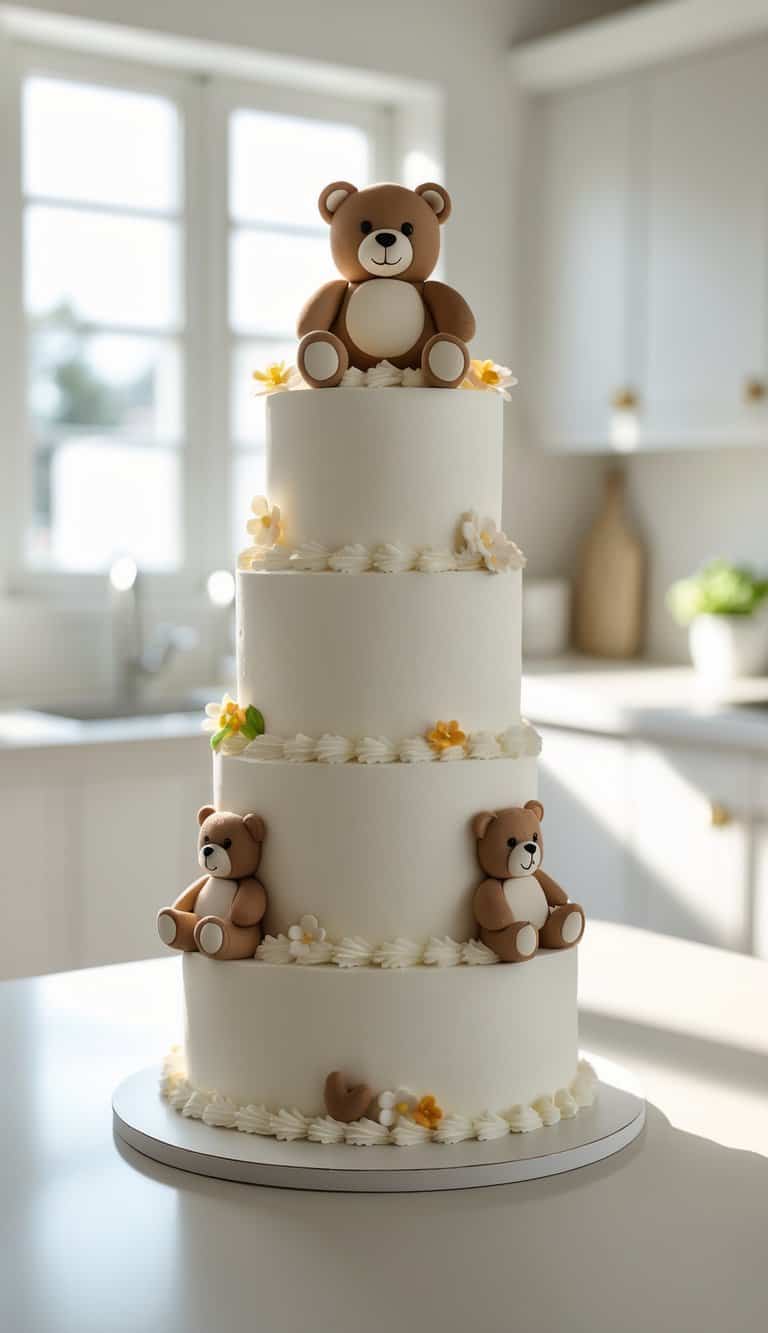 A three-tier teddy bear cake on a white cake stand in a bright home kitchen.