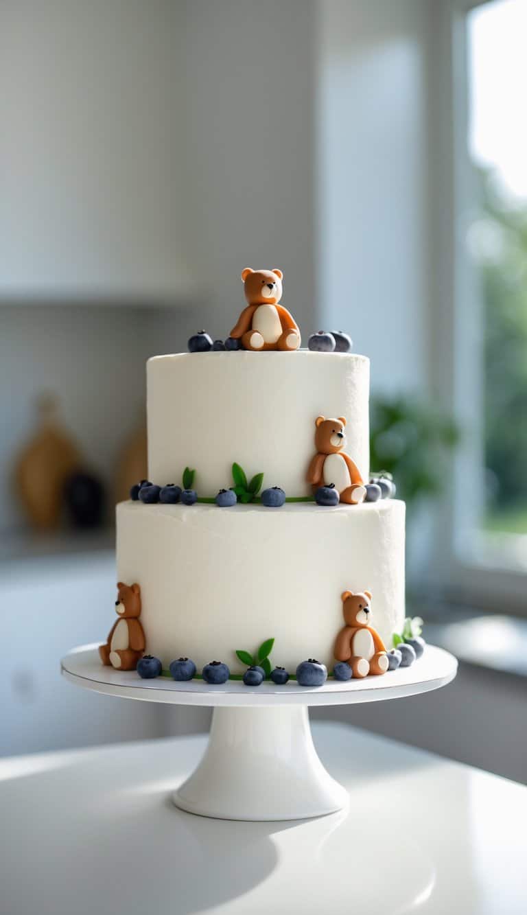 Two-tier bear-themed cake with blueberry decorations on a cake stand in a bright home kitchen.