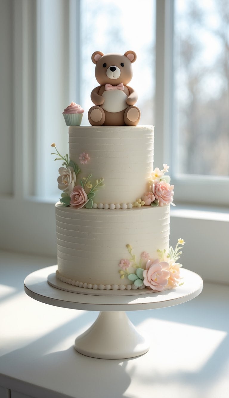 A two-tier bear-themed cake on a white cake stand in a bright kitchen, decorated with fondant bear features and holding a small cupcake prop.