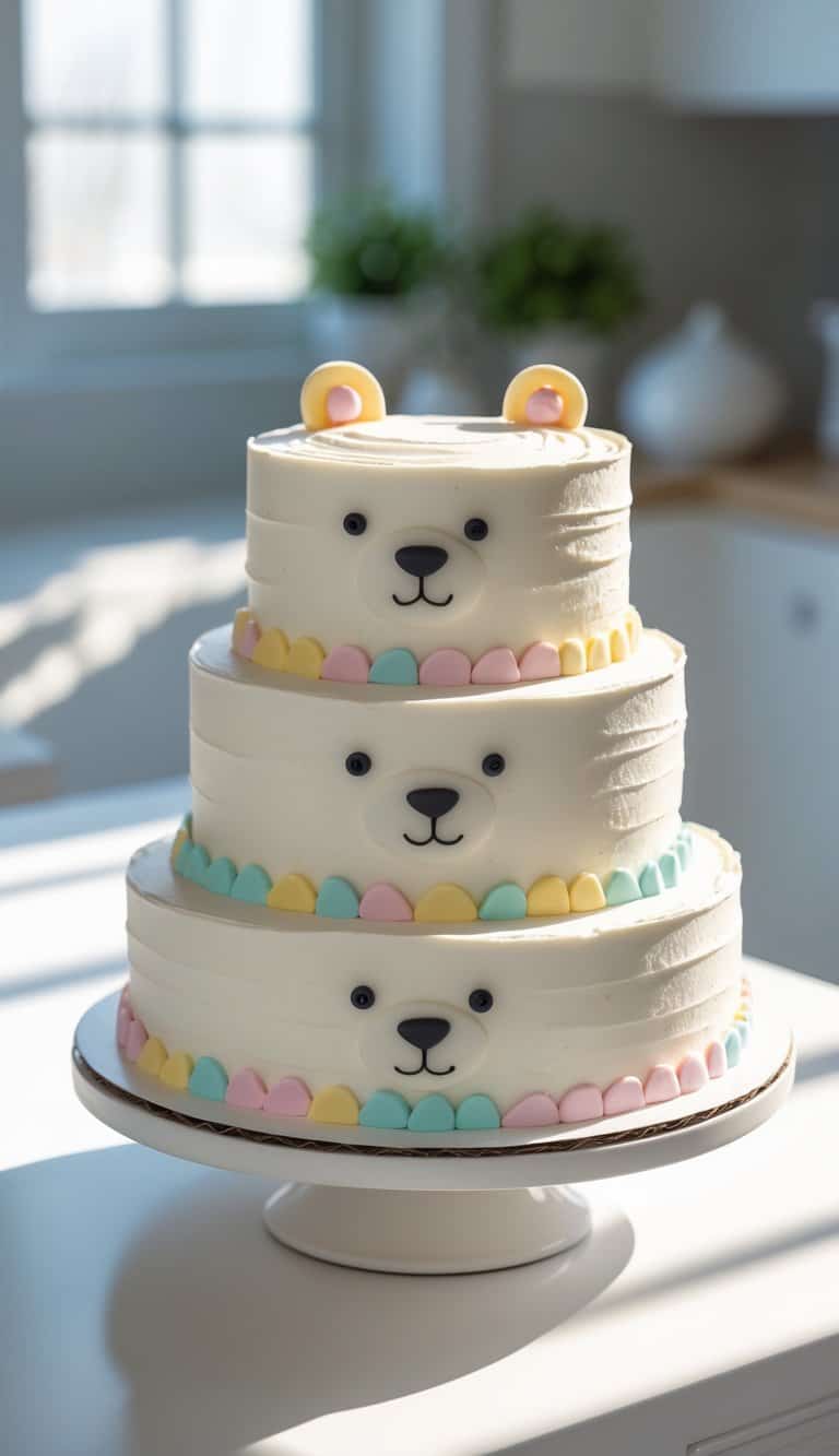 A three-tier bear-themed cake with candy noses and eyes on a white cake stand in a bright home kitchen.