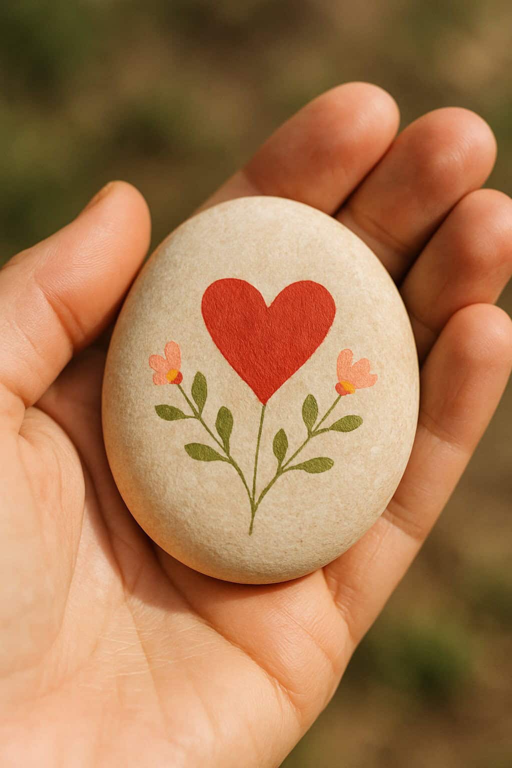 A hand holds a smooth stone painted with a red heart and green stems with small pink flowers, against a blurred natural background.