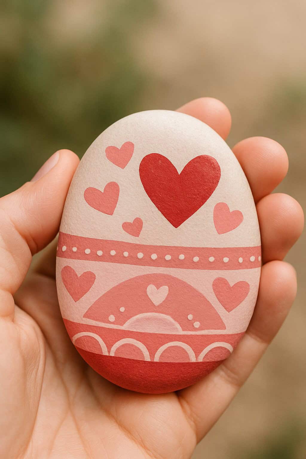 A hand holds an oval stone painted with red and pink hearts and decorative patterns on a beige background.