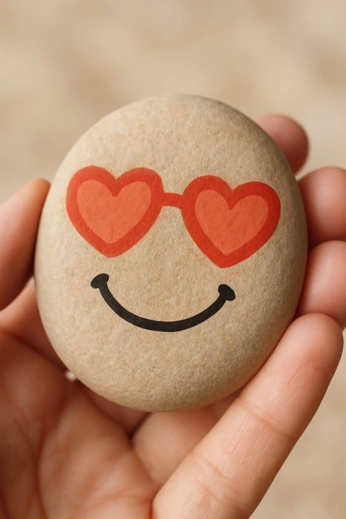 A hand holding a smooth stone with a smiley face drawn on it; the eyes are red heart shapes, and a curved black line forms the smiling mouth.