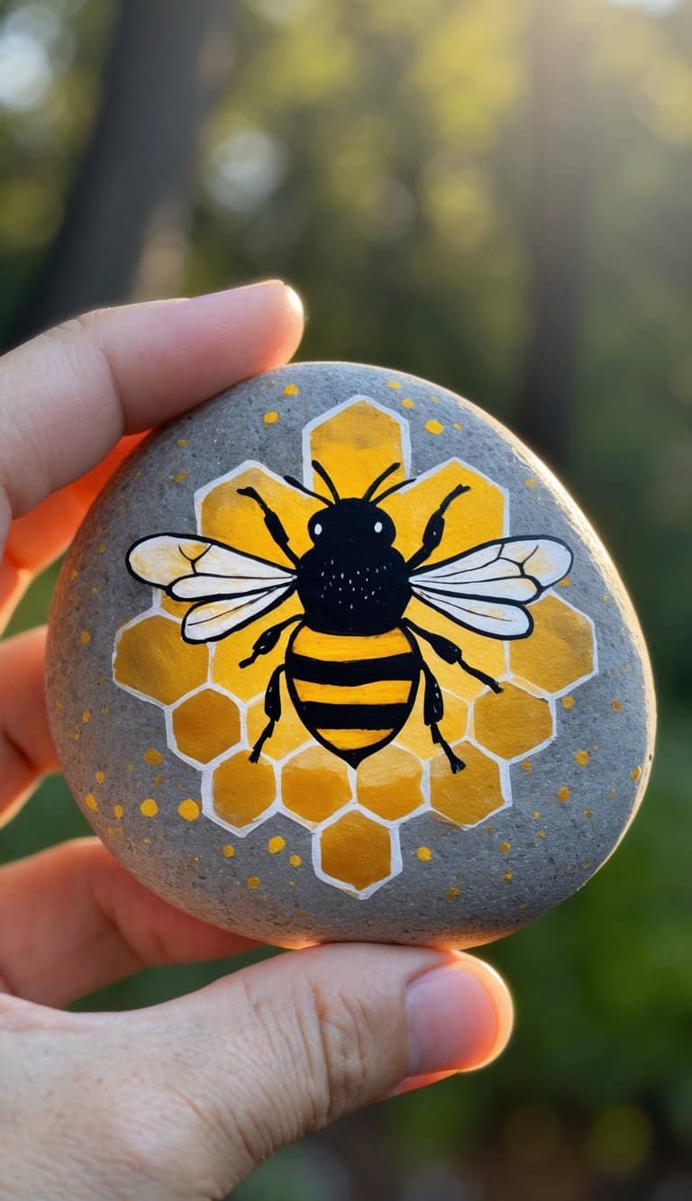 A hand holds a smooth stone painted with a black and yellow bee over a honeycomb pattern. Sunlight shines in the background, creating a warm, natural atmosphere.