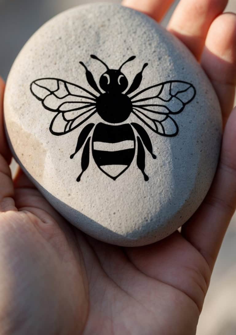 A hand holds a smooth, light-colored stone with a black illustration of a bee with detailed wings and stripes on its back.
