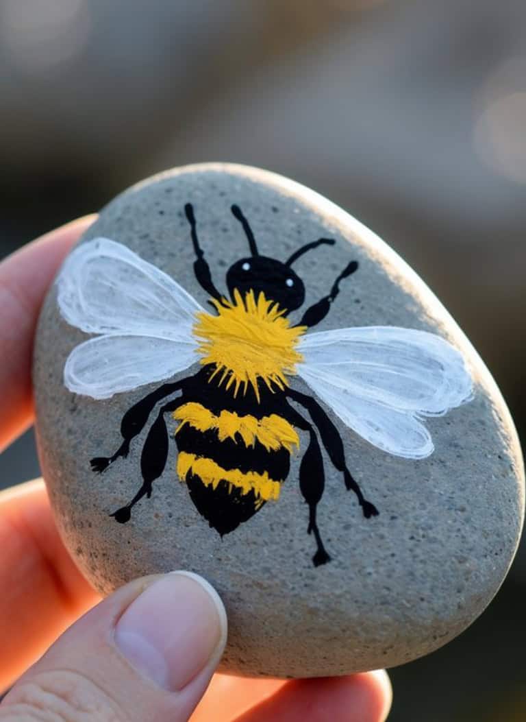 A hand holds a smooth stone painted with a detailed image of a bee, featuring black and yellow stripes and white wings.