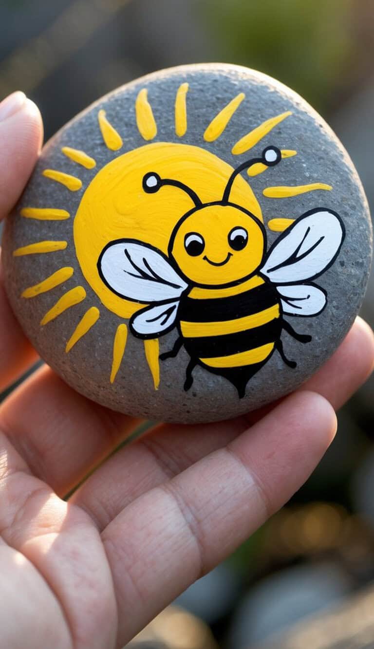 A hand holds a smooth gray rock painted with a smiling cartoon bee and a bright yellow sun in the background. The bee has white wings, black stripes, and a cheerful expression.