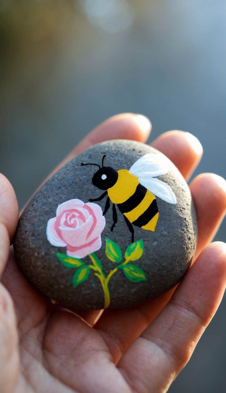 A hand holds a smooth rock painted with a bee hovering over a pink rose, with green leaves and stem, against a blurred outdoor background.
