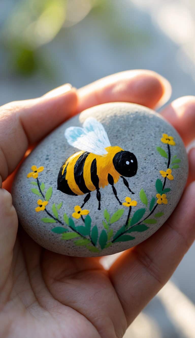 A hand holds a smooth stone painted with a bright yellow and black bee, white wings, and green stems with small yellow flowers forming a semi-circle beneath the bee.
