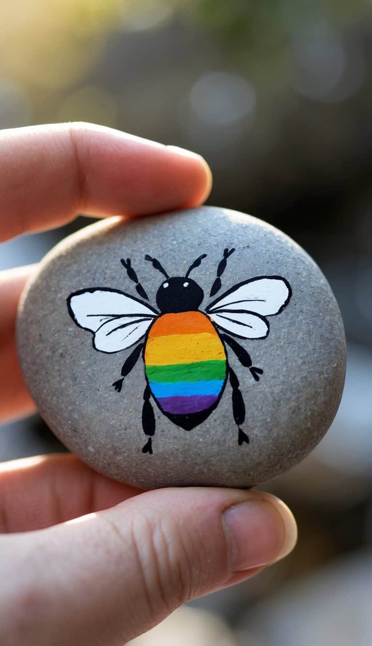 A hand holds a smooth gray stone painted with a bee. The bee’s body features rainbow stripes, while its wings and head are black and white. The background is softly blurred.