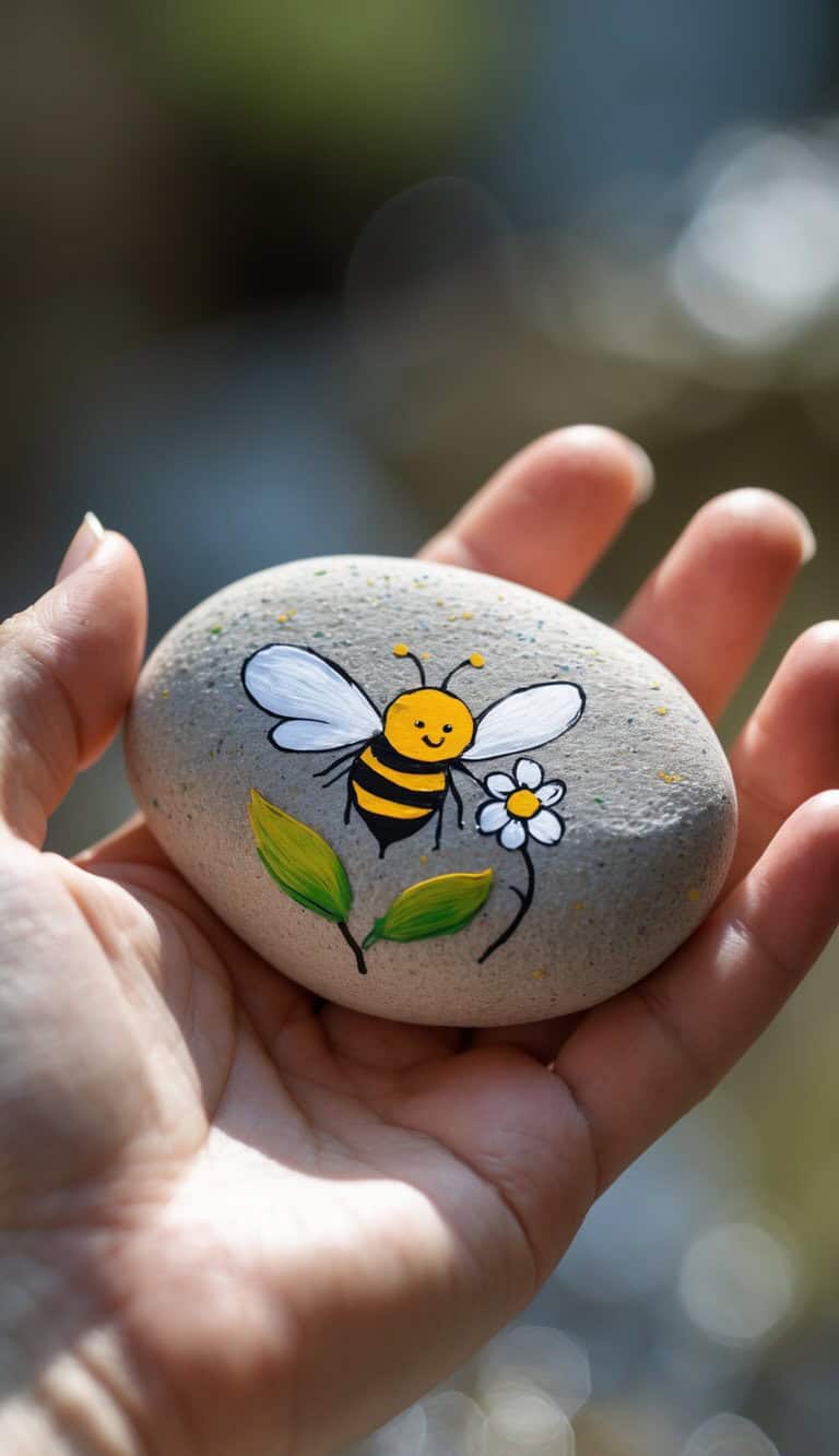 A person holds a smooth stone painted with a cheerful bee, a white daisy, and green leaves, all against a blurred outdoor background.