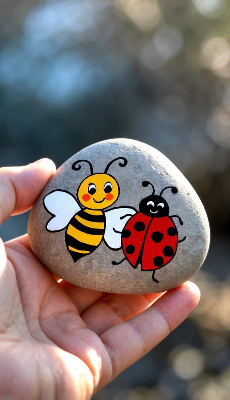 A hand holds a smooth stone painted with a smiling cartoon bee and ladybug, both with cheerful expressions and bright colors, against a blurred outdoor background.
