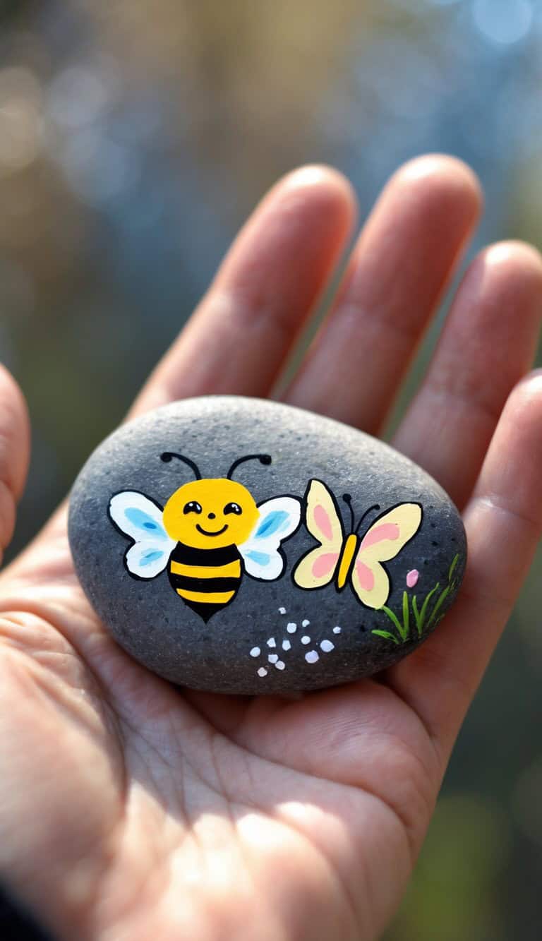 A hand holds a smooth gray stone painted with a smiling bee, a pink and yellow butterfly, small white flowers, and green grass.