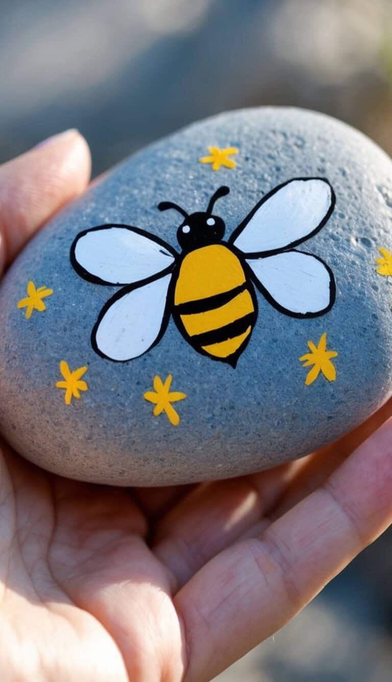 A hand holds a smooth gray rock painted with a cartoon bee and yellow stars. The bee has a yellow and black striped body and white wings, surrounded by six small yellow star shapes.