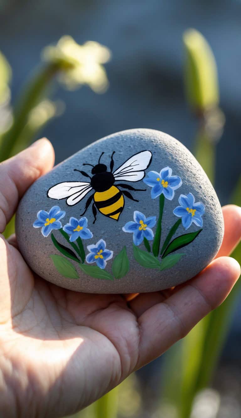 A hand holds a smooth gray stone painted with a yellow and black bee hovering above blue flowers with green leaves. The background is blurred greenery.