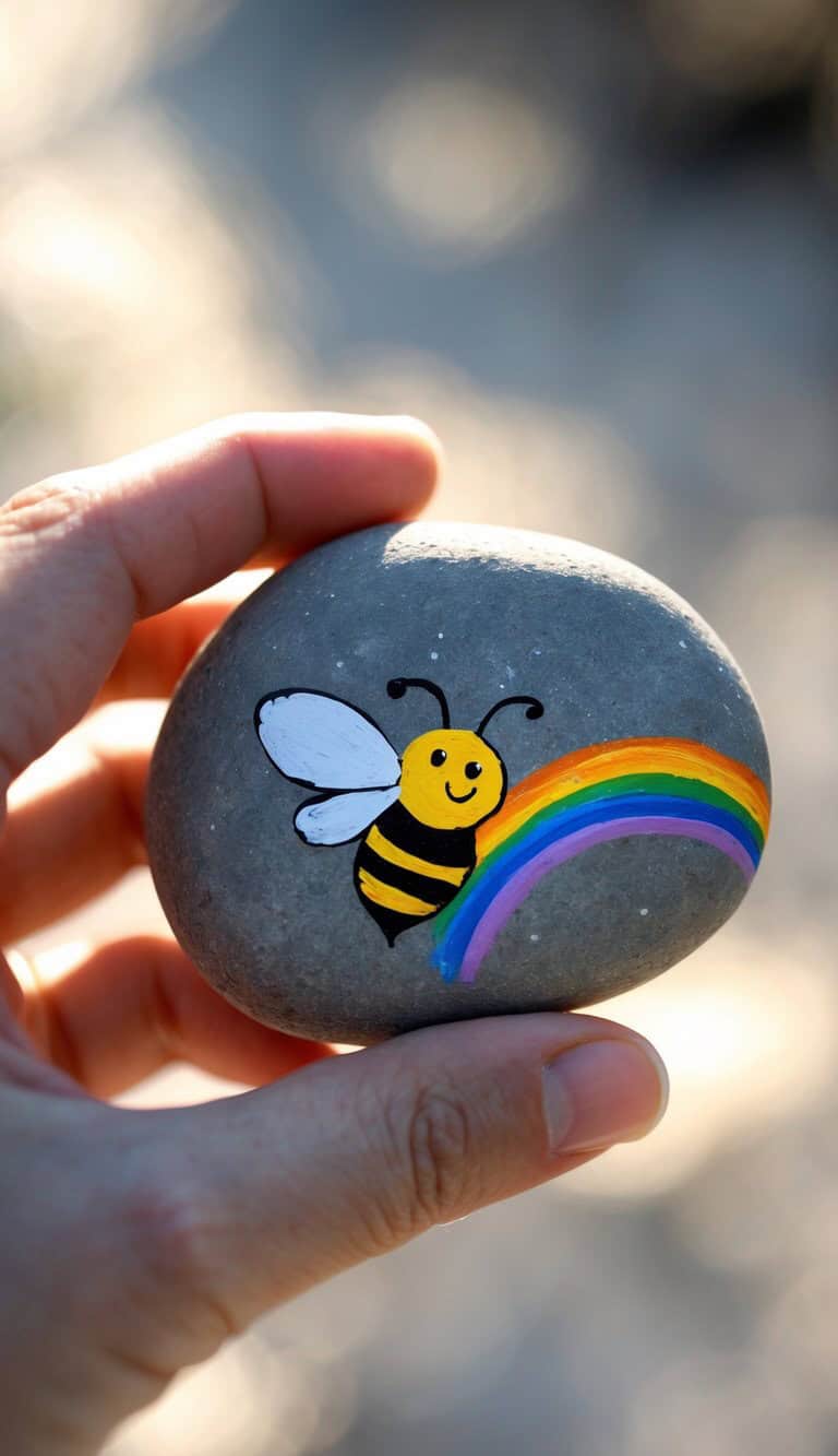 A hand holds a smooth stone painted with a smiling bee next to a colorful rainbow on its surface.