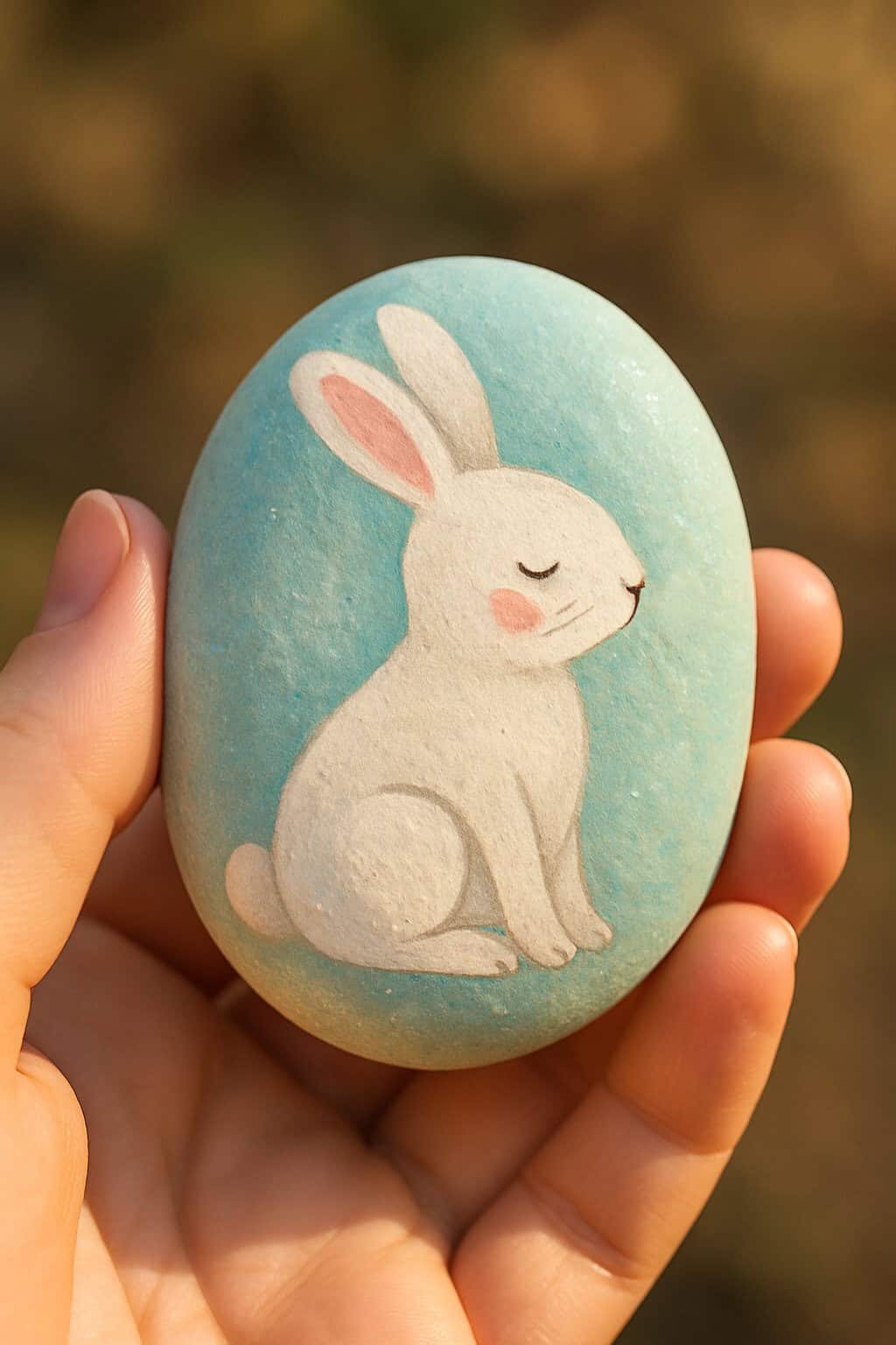 A hand holds a smooth, oval stone painted with a cute white bunny sitting calmly on a light blue background.