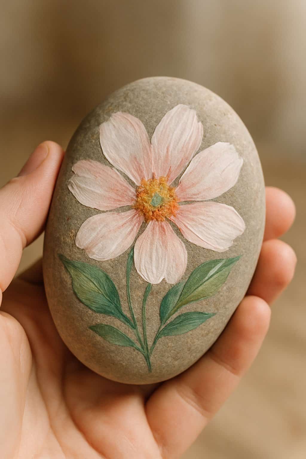 A hand holding a smooth river rock painted with a simple flower design.
