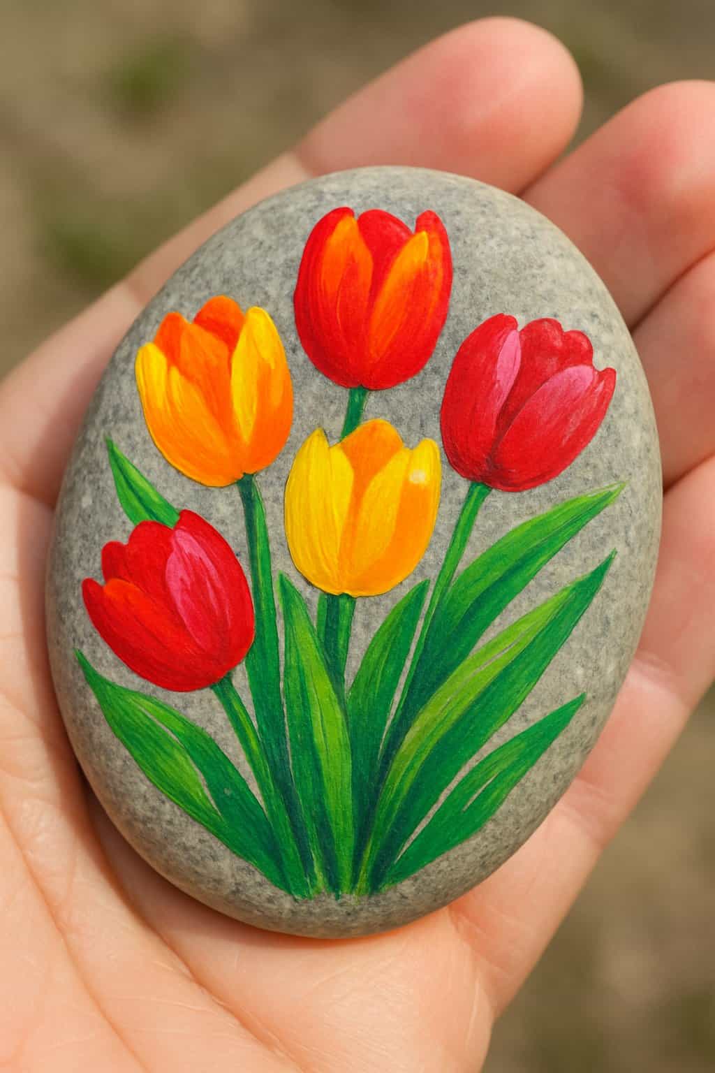 A hand holding a smooth river rock painted with colorful tulip flowers and green leaves.
