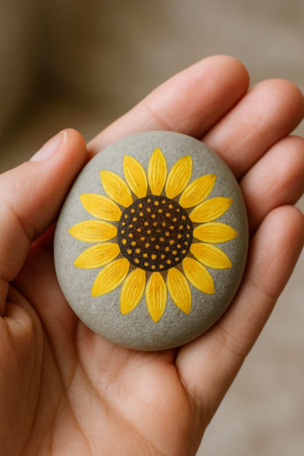 A hand holding a smooth river rock painted with a sunflower pattern in yellow and brown.