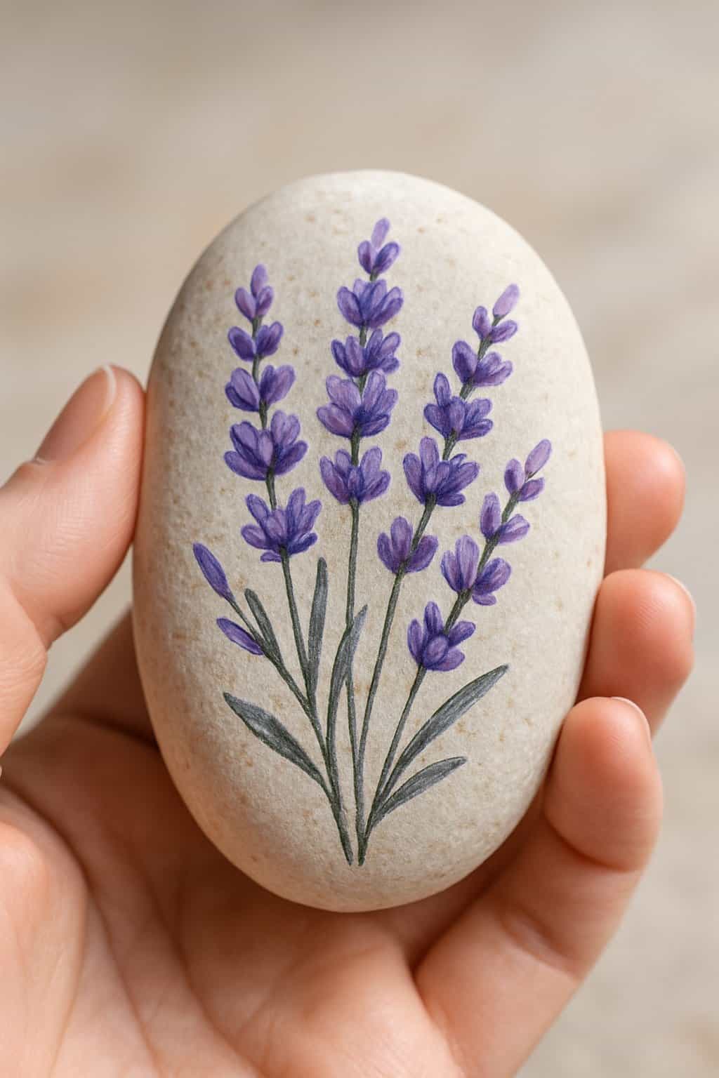 A hand holding a smooth river rock painted with purple lavender sprigs.