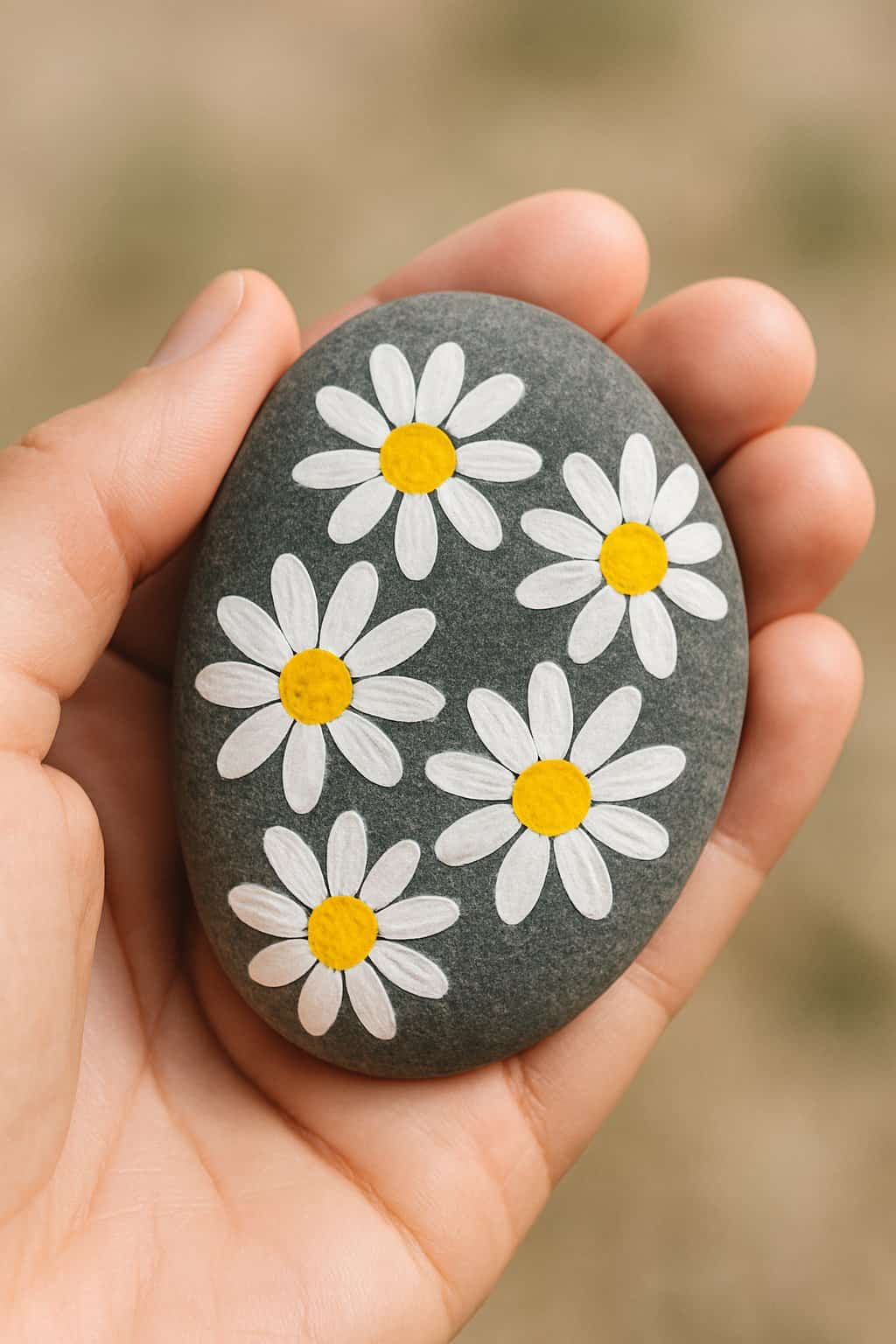 A hand holding a smooth river rock painted with white daisies with yellow centers.