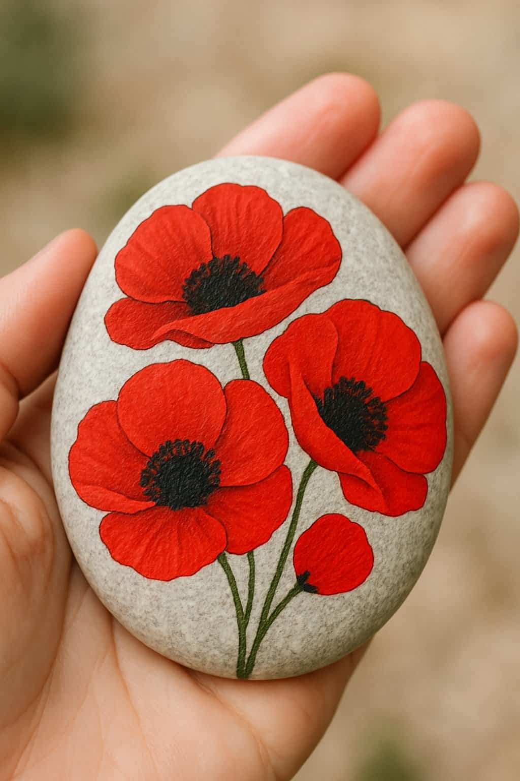 A hand holding a smooth river rock painted with red poppies with black centers.