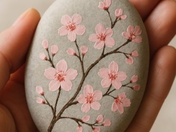 A hand holds a smooth gray stone painted with a delicate branch of pink cherry blossoms and brown stems against a blurred background.