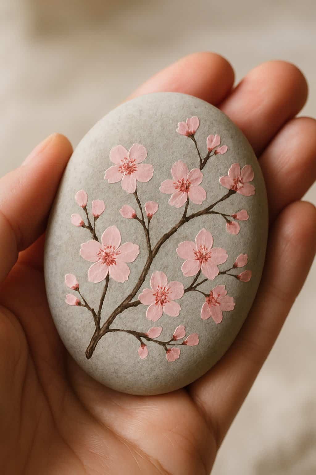 A hand holding a smooth river rock painted with pink cherry blossom branches.