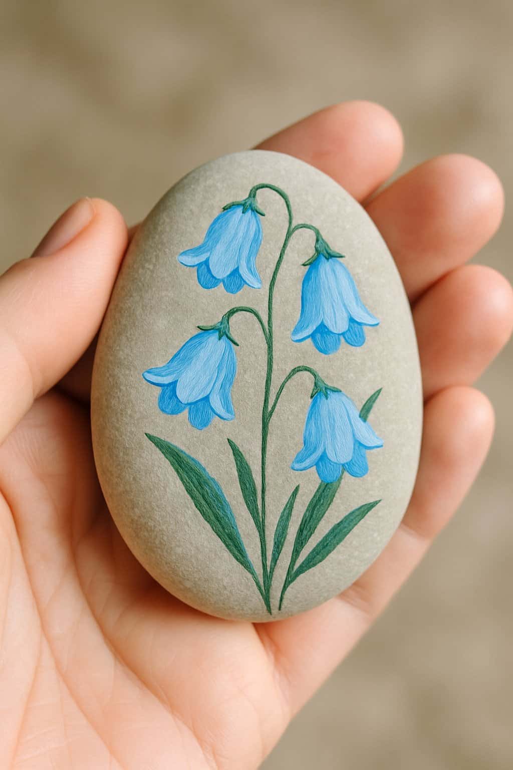 A hand holding a smooth river rock painted with light blue bluebell-shaped flowers.