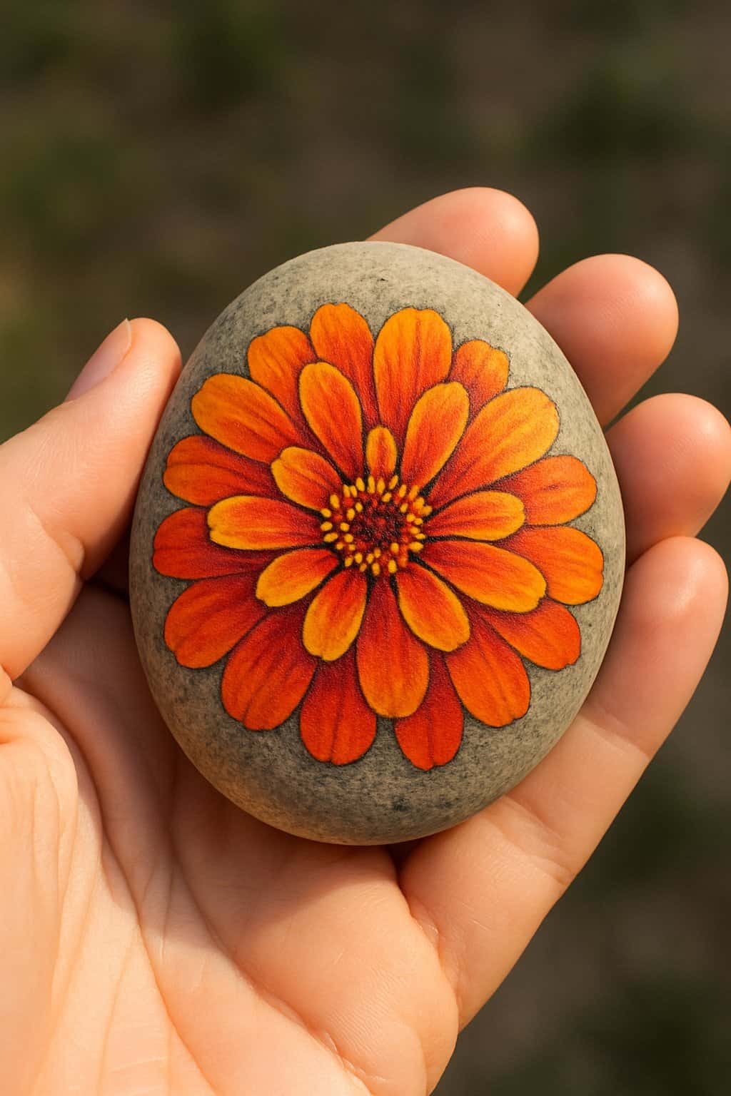 A hand holding a smooth river rock painted with bright orange and red zinnia flower petals.