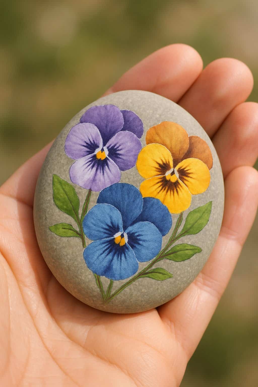A hand holding a smooth river rock painted with colorful pansy flowers.