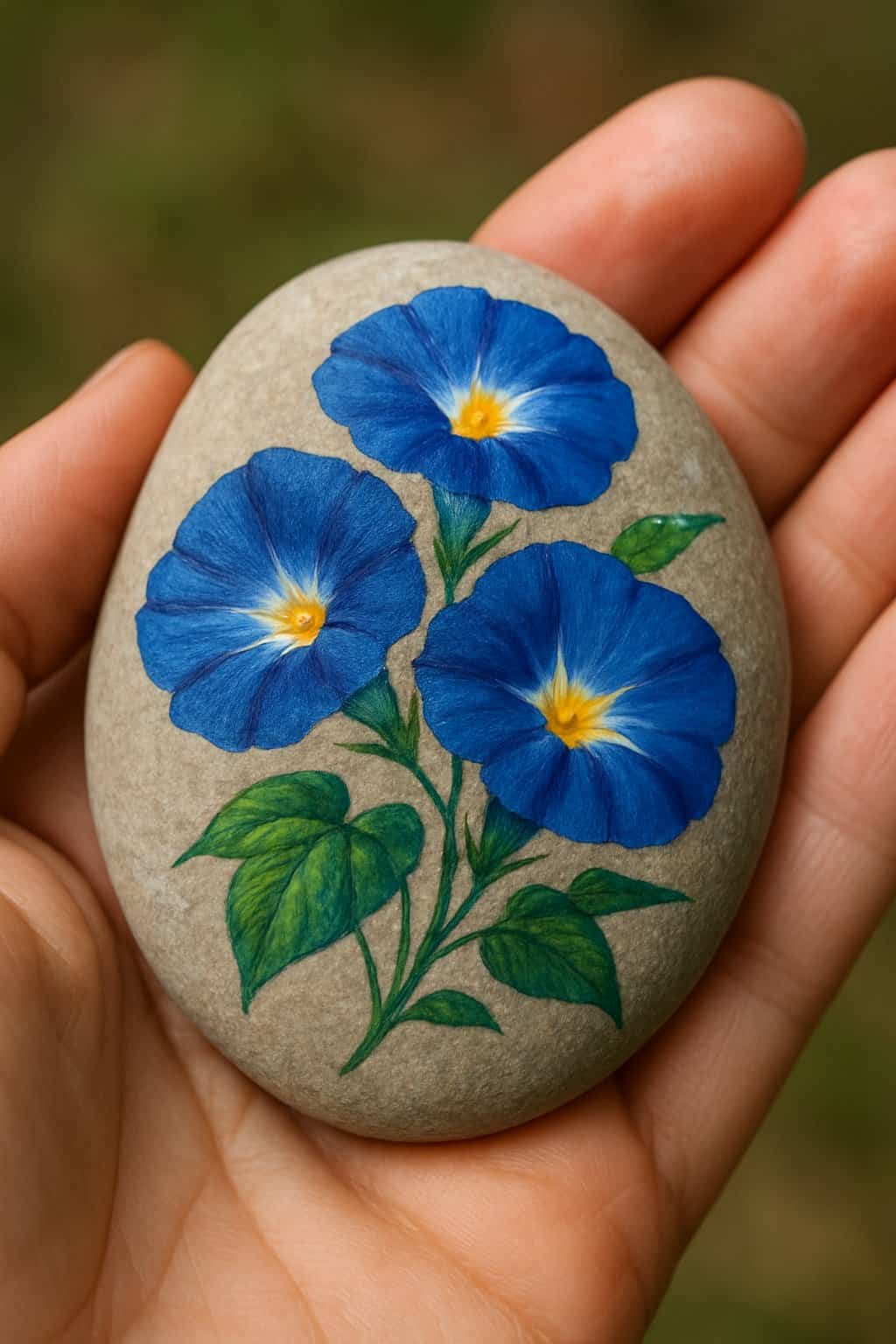 A hand holding a smooth river rock painted with blue morning glory flowers.