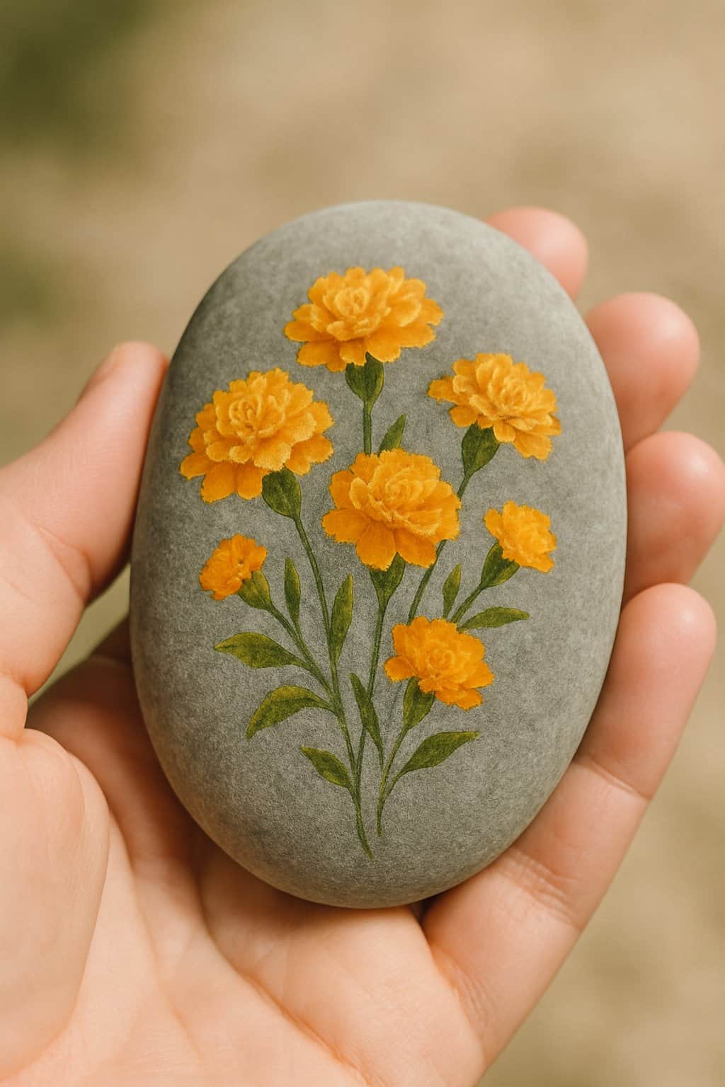 A hand holding a smooth river rock painted with clusters of gold and orange marigold flowers.